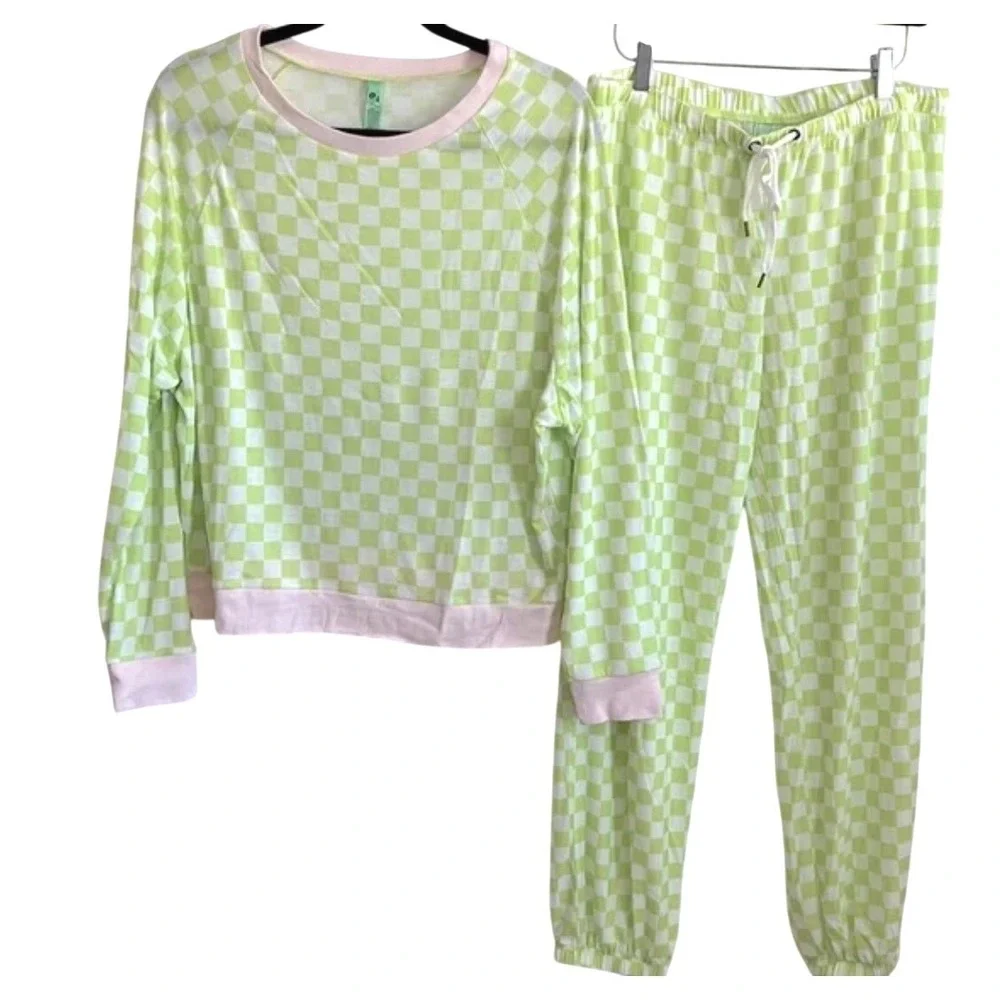 NWT HONEYDEW Star Seeker‎ Lounge Set Iguana Check Long Sleeve Top Pants XS-Neon